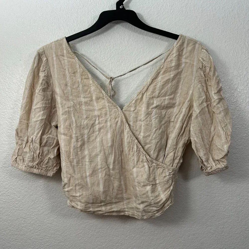Abercrombie & Fitch Striped Linen Blend Puff Sleeve Surplice Crop Top Faux Wrap - Picture 2 of 9